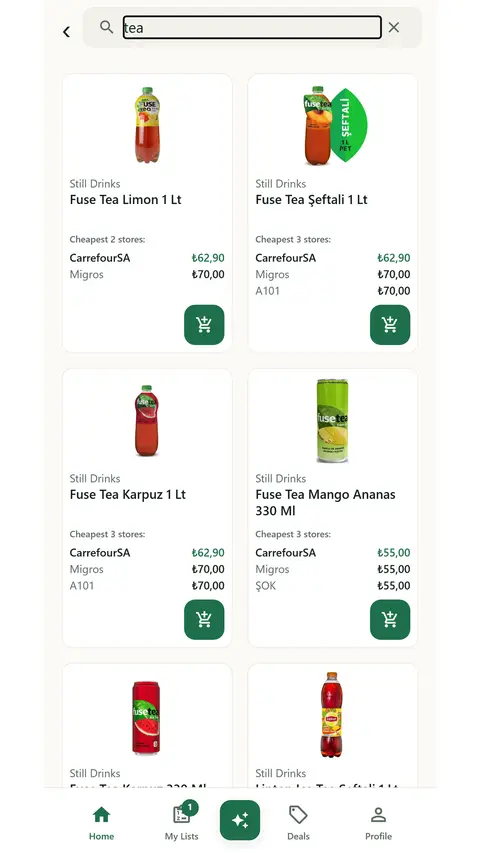 Search results showing the cheapest stores and prices for each product.