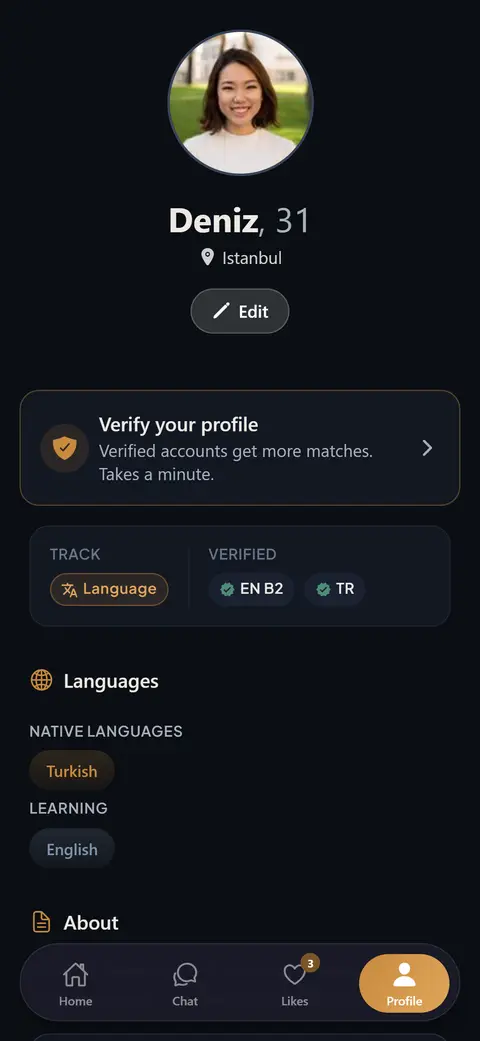 Own profile showing the track and verified language levels (EN B2).