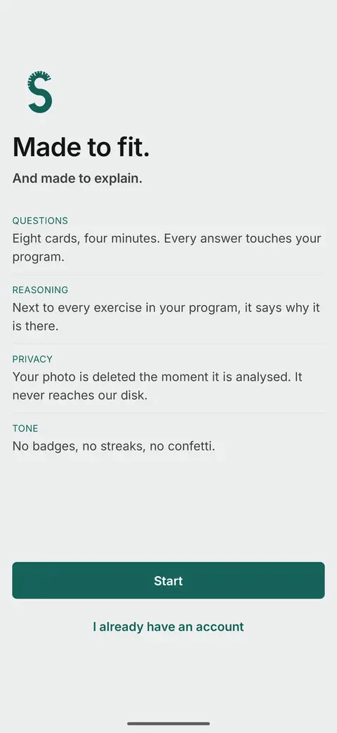 Welcome screen: eight-card intake, reasons beside every exercise, photo privacy.