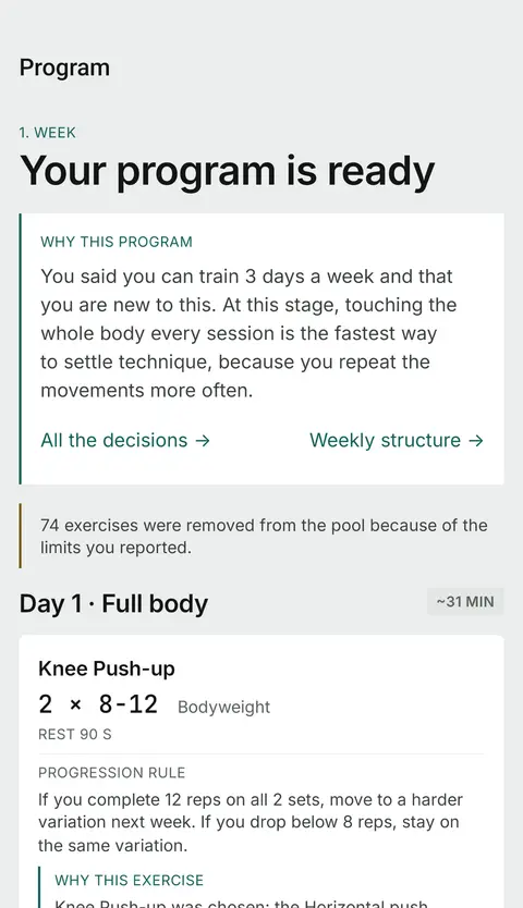 Generated programme with "why this program", per-exercise reasoning and progression rule.