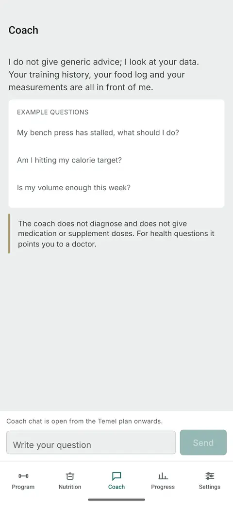 Coach chat grounded in the user's own data, with a stated no-diagnosis limit.