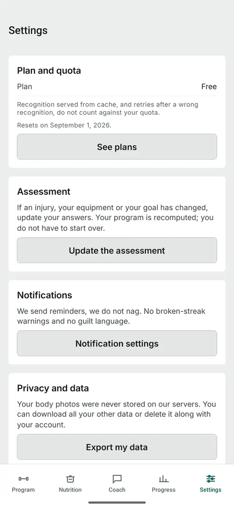 Settings: plan and quota, assessment update, notifications, data export.