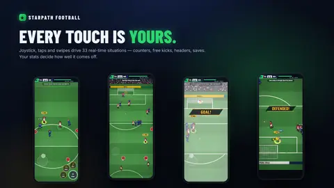Four match moments: a counter-attack with touch controls, a free kick over the wall, a headed goal and a keeper save.
