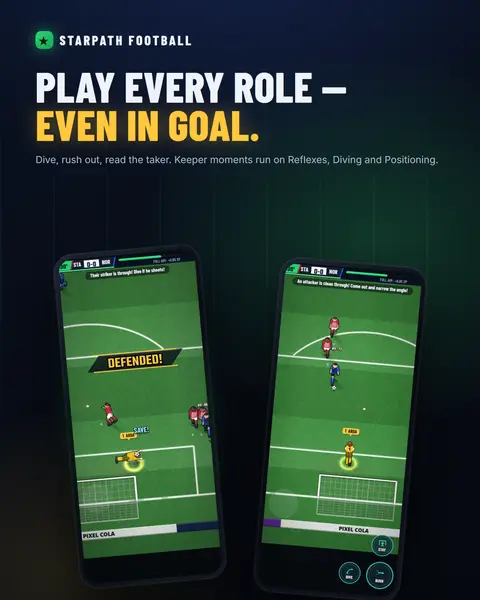 Playing in goal: a diving save, and coming out to narrow the angle with Dive / Rush / Stay buttons.