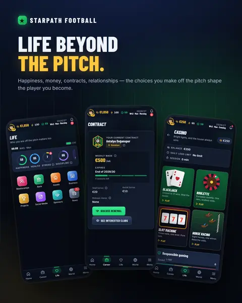 Life off the pitch: wellbeing gauges and life hubs, the contract screen, and the casino.
