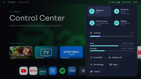 Control Center: network, volume, live RAM and storage, Free RAM, simple and detailed views.