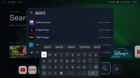 Spotlight: "sport" finds every sports app; inputs and settings come up too.