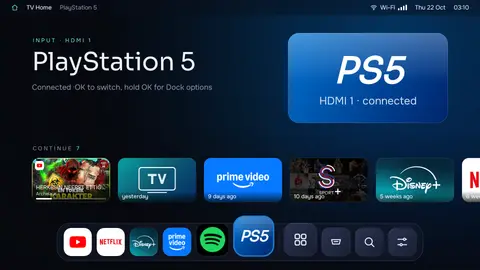The PS5 pinned to the Dock, with a PlayStation-blue backdrop.